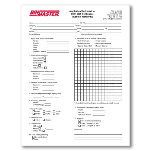 Guided Wave Radar 2000 Application Worksheet