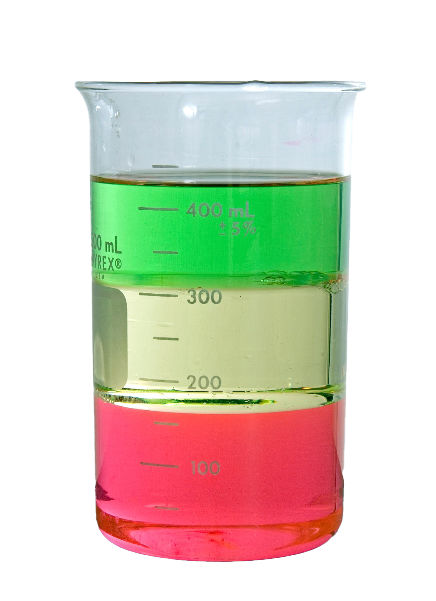 beaker with three different liquids, separated one on top of the other.
